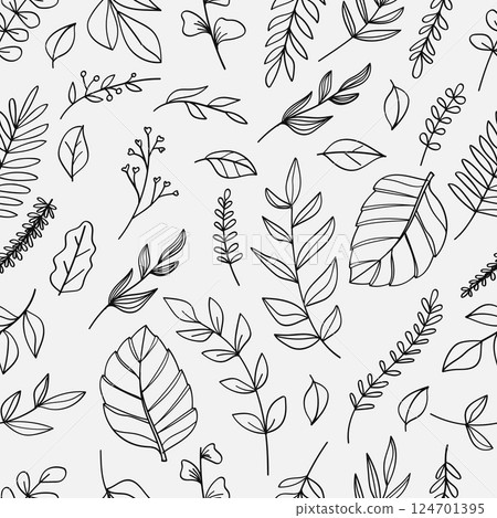 Seamless pattern botanical leaves line art isolated on white background. 124701395