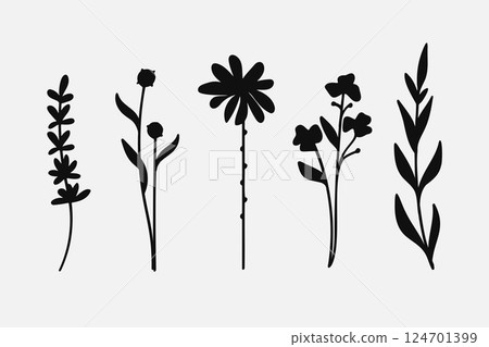 Silhouette Leaves branch and floral plants element collection. 124701399