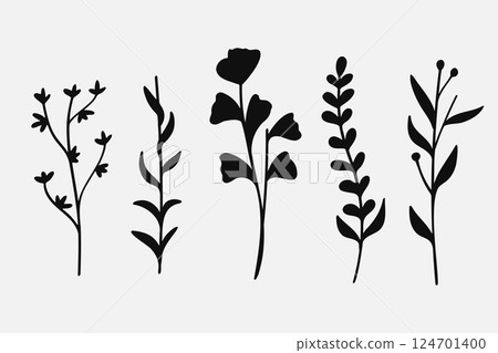 Silhouette Leaves branch and floral plants element collection. 124701400