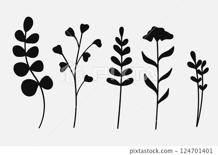 Silhouette Leaves branch and floral plants element collection. 124701401