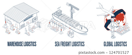 3D isometric set of Logistics and Delivery services scenes concept with Warehouse, Sea Freight, Global Logistics. 124701527