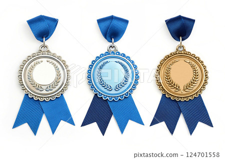 Three awards medals with blue ribbons,prize for winning Three awards medals with blue ribbons,prize for winning 124701558