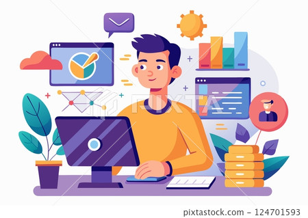 Young manager accountant. Financier works with digital banking assets. Support 124701593