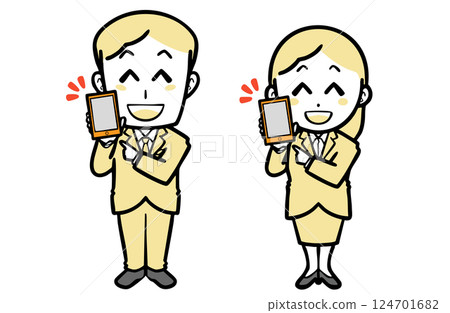 Young men and women in suits holding smartphones 124701682