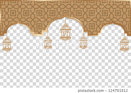 Ramadan template banner with Islamic gold mosaic pattern and gold lanterns. 124701812
