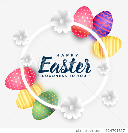 stylish happy easter holiday card with 3d colorful eggs and flowers 124701817