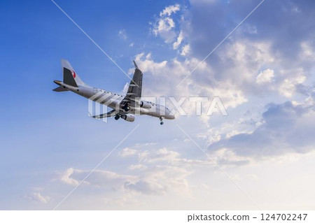 黃昏時分的仙台機場，飛機降落，宮城縣名取市 124702247