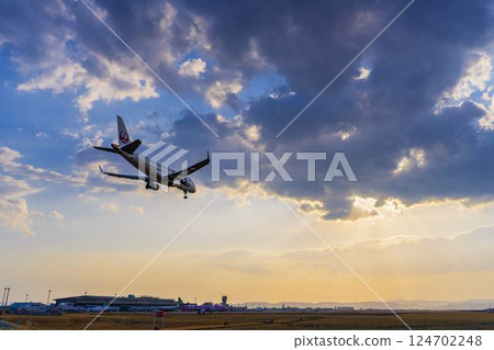 Sendai Airport at dusk, airplane landing, Natori City, Miyagi Prefecture 124702248