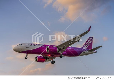 黃昏時分的仙台機場，飛機降落，宮城縣名取市 124702256