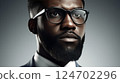 Close-up of bearded african american businessman wear glasses looking at camera, success, earnings, boss. AI Generated. 124702296
