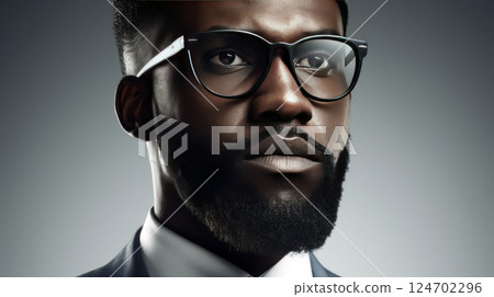 Close-up of bearded african american businessman wear glasses looking at camera, success, earnings, boss. AI Generated. 124702296