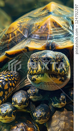A vivid close-up image of a turtle with its young ones, showcasing detailed patterns on their shells.  Generate AI 124702297
