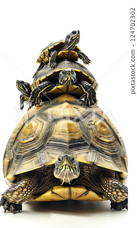Five turtles of various sizes stacked on top of each other, isolated on white background. Generate AI Five turtles of various sizes stacked on top of each other, isolated on white background. Generate AI 124702302