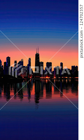A city skyline bathed in the warm glow of a sunset, with towering skyscrapers. Generate AI 124702357