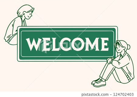 Two girls and green invitation inscription Welcome on white 124702403