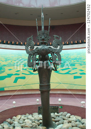 China, Sichuan Province, Yangtze River Civilization, Sanxingdui Ruins Museum, 2nd Hall, Human face and bird statue, front China, Sichuan Province, Yangtze River Civilization, Sanxingdui Ruins Museum, 2nd Hall, Human face and bird statue, front 124702432