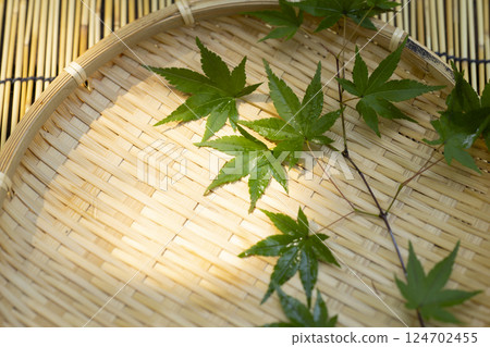 Maple leaves on a bamboo blind Maple leaves on a bamboo blind 124702455