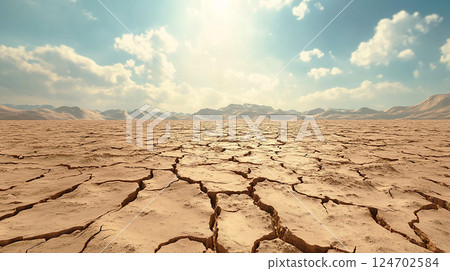 Dry, cracked land and blue sky 124702584