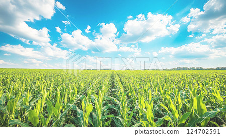 A wide corn field under blue skies A wide corn field under blue skies 124702591