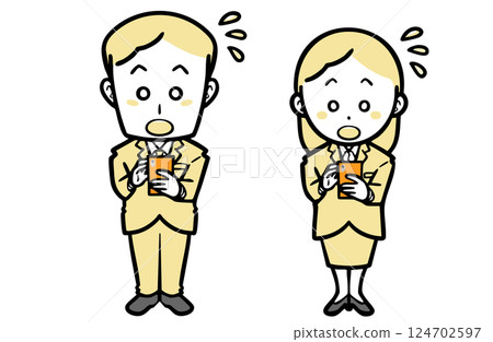 Young men and women in suits operating smartphones and getting impatient 124702597