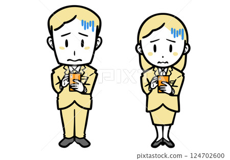Young men and women in suits having trouble operating a smartphone 124702600