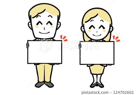 身著西裝、面帶微笑的年輕男女舉著公告板 124702602