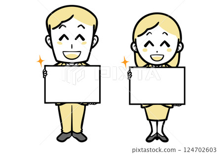 身著西裝、面帶微笑的年輕男女舉著公告板 124702603