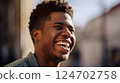 Side view portrait of a smiling funny black man in the city. Generated by AI 124702758