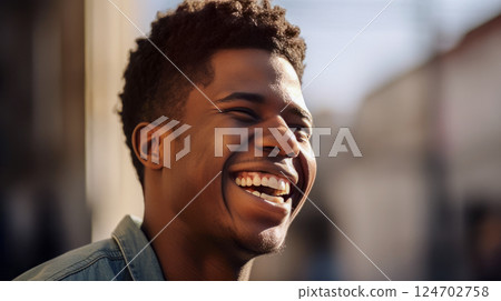 Side view portrait of a smiling funny black man in the city. Generated by AI 124702758
