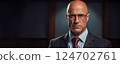 Bald business man portrait. 40 year old business man wearing eyeglasses, looking at camera, high key, cinematic, banner. AI generated 124702761
