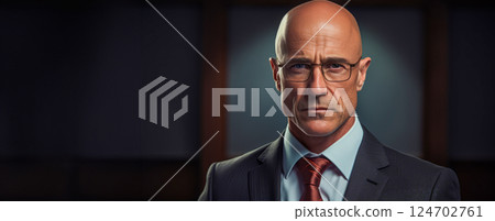 Bald business man portrait. 40 year old business man wearing eyeglasses, looking at camera, high key, cinematic, banner. AI generated 124702761
