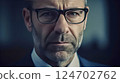 Business man portrait. 40 year old business man wearing eyeglasses, looking at camera, high key, cinematic, AI generated 124702762