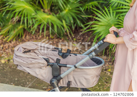Mother walking with her baby in a stroller in the park. Peaceful outdoor bonding time. Parenthood, baby care, and family lifestyle concept 124702806