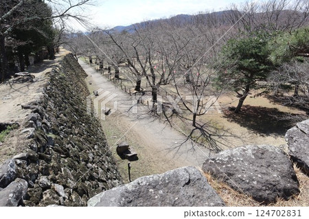 View of the former horse riding ground from the remains of the castle tower at Kaikoen Garden, Komoro Castle Ruins (Komoro City, Nagano Prefecture) View of the former horse riding ground from the remains of the castle tower at Kaikoen Garden, Komoro Castle Ruins (Komoro City, Nagano Prefecture) 124702831