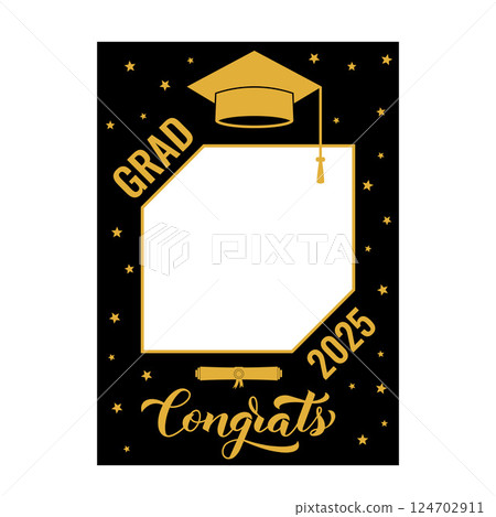 Class of 2025 photo booth frame isolated on white. Graduation party photobooth props. Grad celebration selfie frame. Prom decorations. Vector template. Class of 2025 photo booth frame isolated on white. Graduation party photobooth props. Grad celebration selfie frame. Prom decorations. Vector template. 124702911