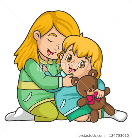 a mother hugging her daughter holding a teddy bear of illustration a mother hugging her daughter holding a teddy bear of illustration 124703010
