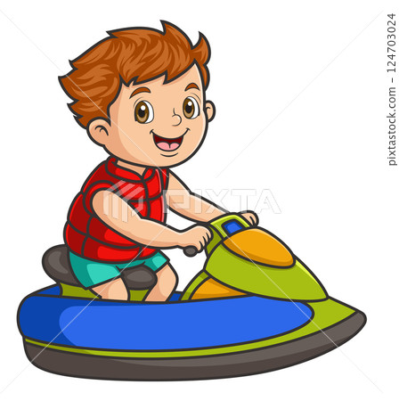 Cartoon little boy rides a jet ski of illustration Cartoon little boy rides a jet ski of illustration 124703024