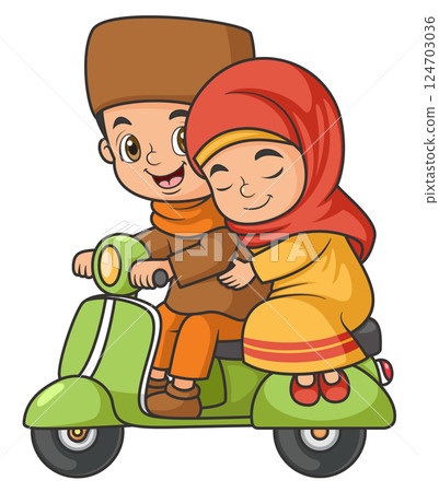 young couple riding a scooter of illustration 124703036