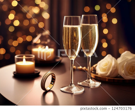 用香檳和訂婚戒指慶祝特殊時刻 用香檳和訂婚戒指慶祝特殊時刻 124703176