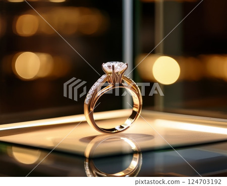 櫥窗裡閃閃發光的訂婚戒指 124703192