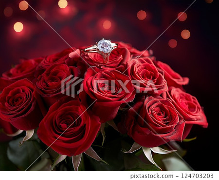 Bouquet of roses and engagement ring 124703203