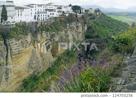 View of El Tajo Valley and the houses of the new town from the Nuevo Bridge, Ronda, Andalusia, Spain 124703256