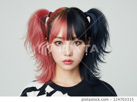 一位有著引人注目的雙色頭髮的獨特女孩的肖像（AI 生成的圖像） 124703315