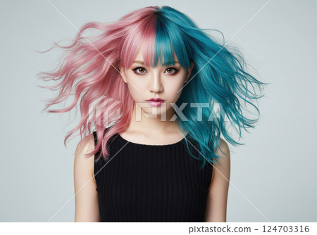 Portrait of a unique girl with striking two-tone hair (AI-generated image) 124703316