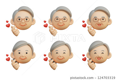 3D graphic of an elder character making a heart shape with his fingers 124703319