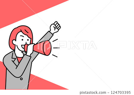 A woman in a suit cheering with a megaphone and copy space A woman in a suit cheering with a megaphone and copy space 124703395