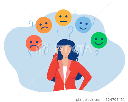 Businesswoman suffers from hormonal with a change in mood. Mental health Suffering from bipolar disorder,emotional themes. sad, angry, bored, sad. flat vector illustration. Businesswoman suffers from hormonal with a change in mood. Mental health Suffering from bipolar disorder,emotional themes. sad, angry, bored, sad. flat vector illustration. 124703431