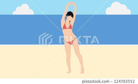 Illustration of a woman enjoying summer vacation on the beach (swimming in the sea) 124703552