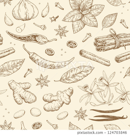Seamless pattern with spices and aromatic plants. Hand-drawn detailed illustration in sketch ink style. Seamless pattern with spices and aromatic plants. Hand-drawn detailed illustration in sketch ink style. 124703846