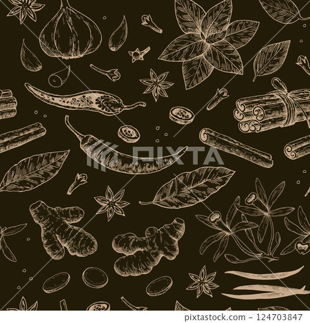 Seamless pattern with spices and aromatic plants. Hand-drawn detailed illustration in sketch ink style. 124703847